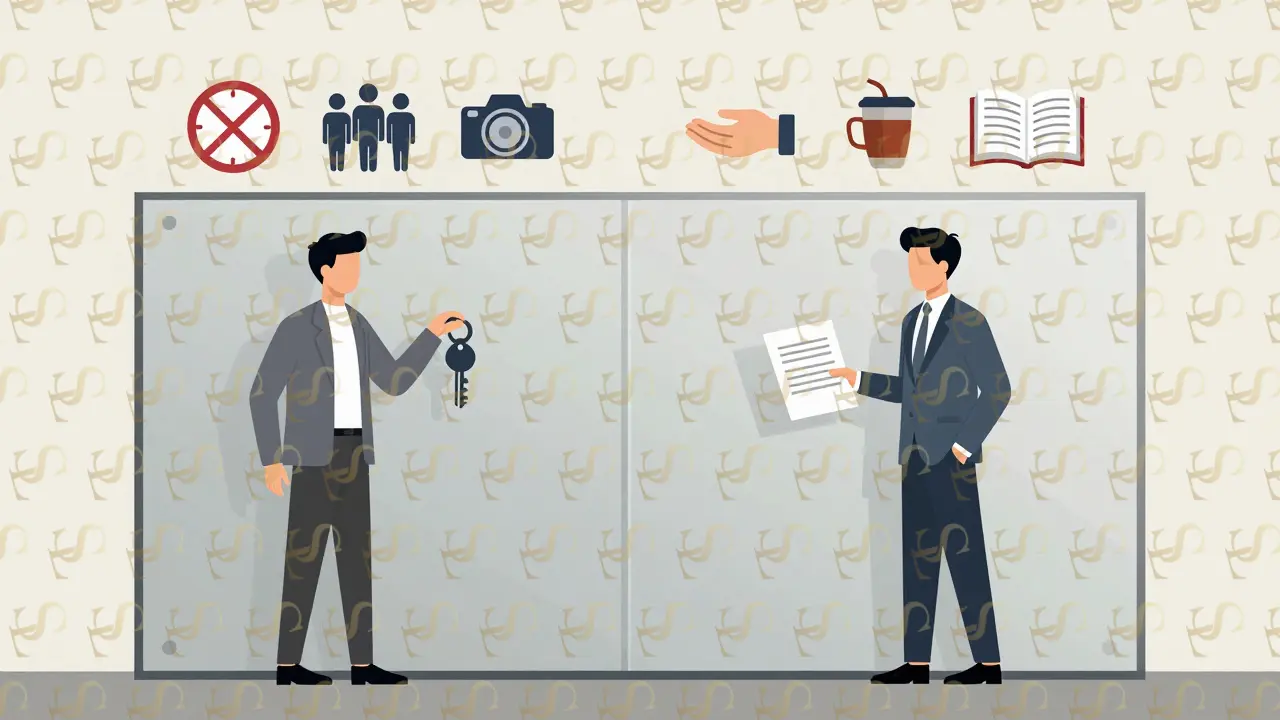 Symbolic representation of professional boundaries with allowed and forbidden interactions depicted as floating icons.