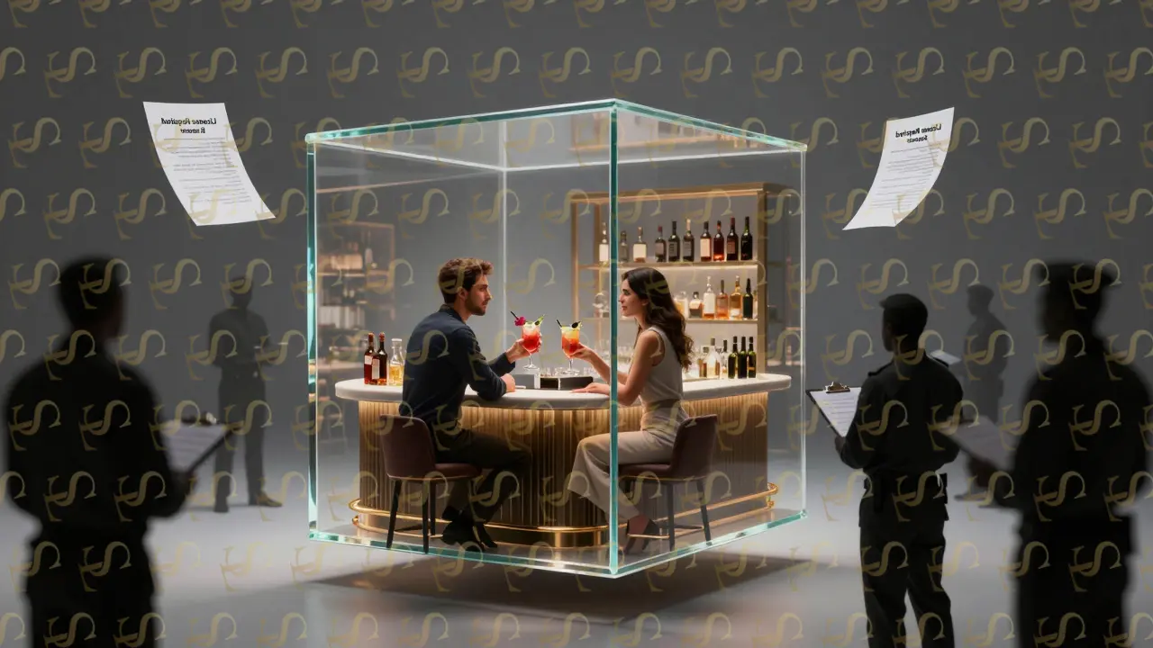 Transparent cube with couple drinking mocktails, surrounded by legal documents and shadowy figures.