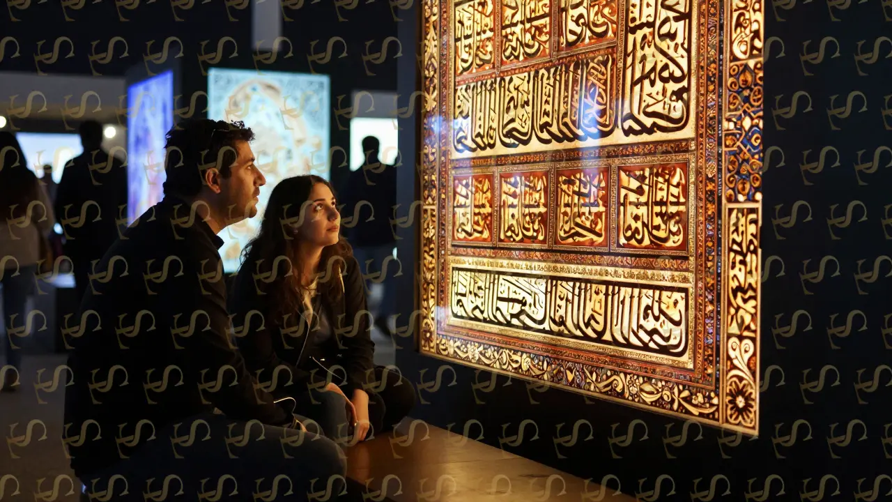 A visitor contemplates an interactive Arabic calligraphy installation as a cultural escort whispers insight nearby.