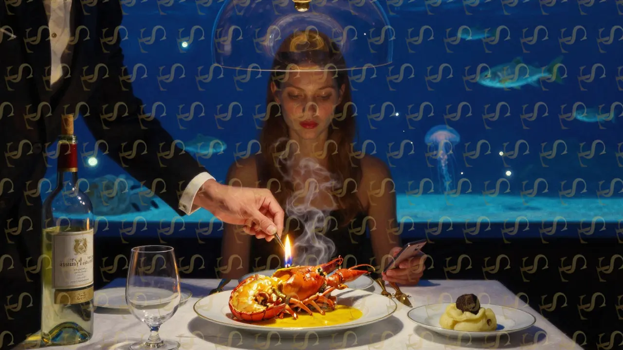 A lobster thermidor being lit with a candle, served in a luxurious underwater dining room with fish drifting above.