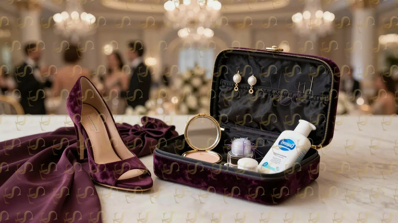 A discreet emergency kit with repair tools and essentials lies open on a velvet clutch beside a broken heel.