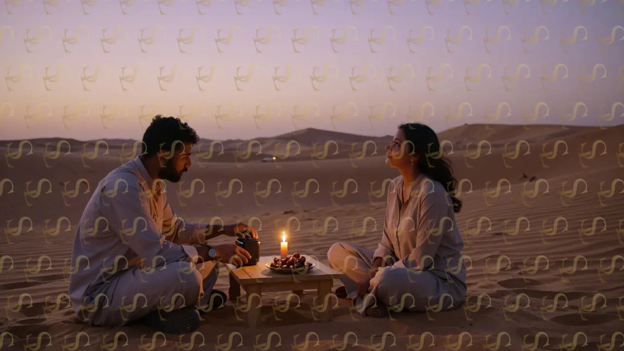 A quiet desert camp at sunset with a candle, coffee, and dates, as a woman looks up at the stars above golden dunes.