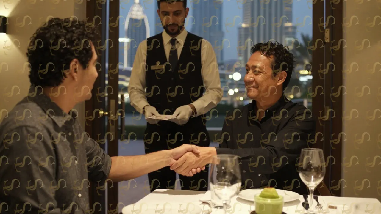 A man shaking hands with his guest at Zuma's exit, server placing the bill unseen, warm light highlighting untouched dessert and empty glasses.