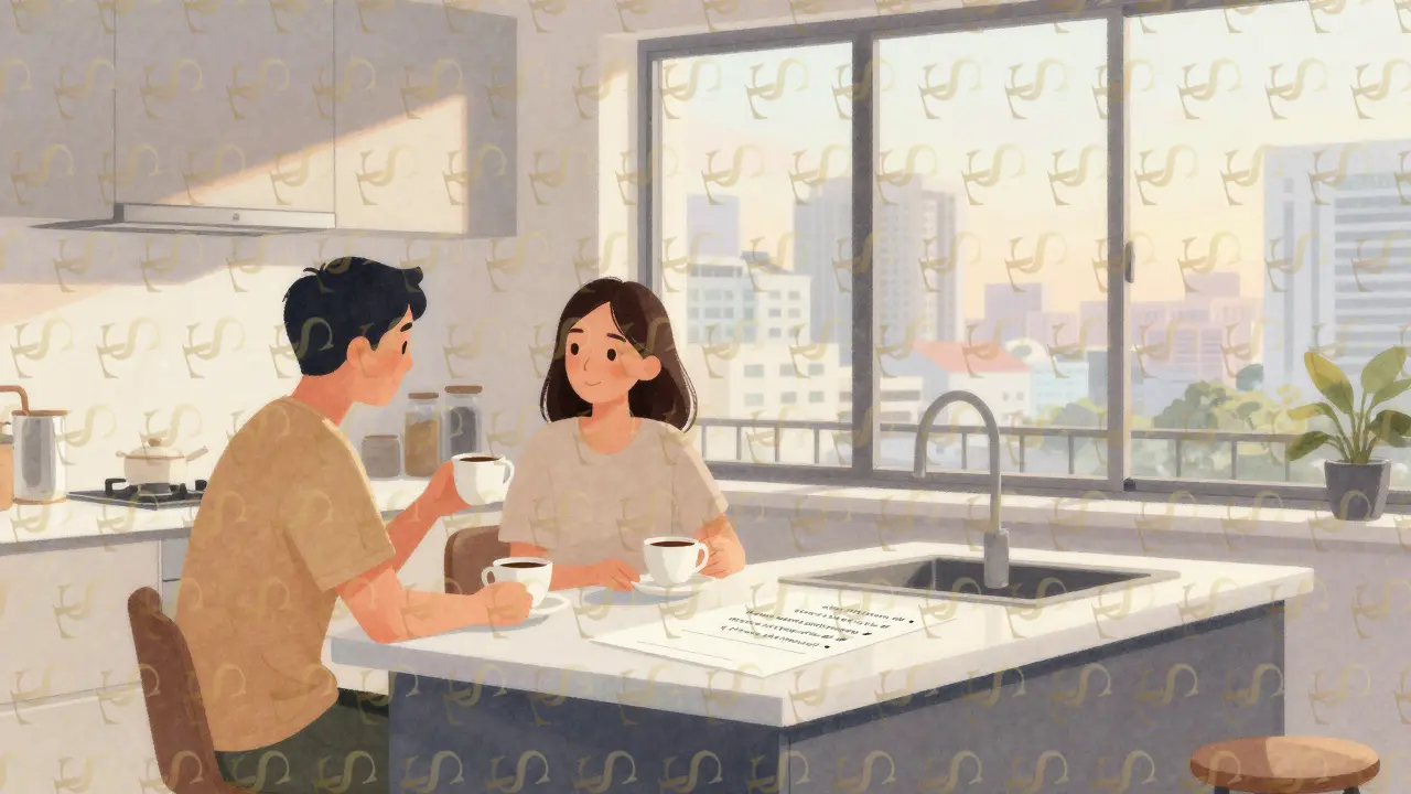 A couple in Singapore reviewing a written agreement about scheduled companionship, morning light streaming in.