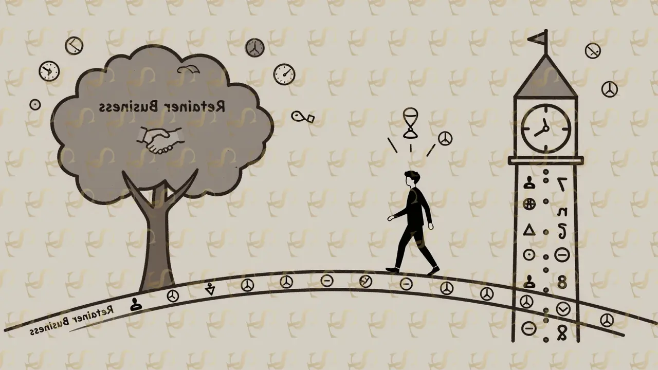 Person walking from chaotic clock tower to a thriving tree symbolizing stable retainer business growth.