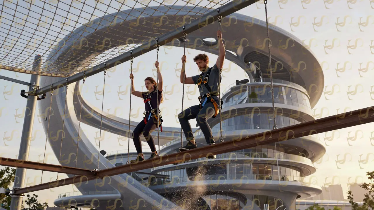 Couple climbing obstacle course on The Opus building at dawn, dynamic motion captured.