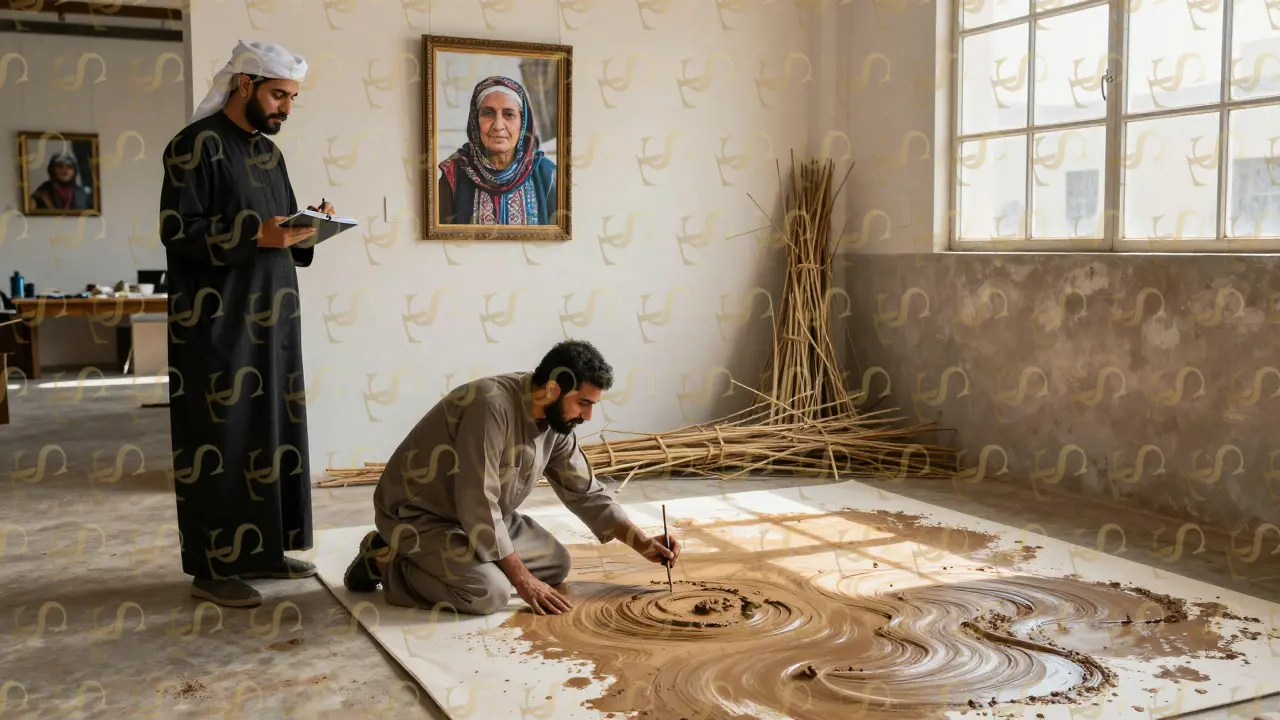An Iraqi artist paints with Tigris River mud in a Dubai studio, while a cultural escort observes quietly in sunlight.