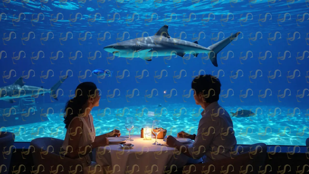 A romantic underwater dinner with sharks swimming past the glass walls of the restaurant.