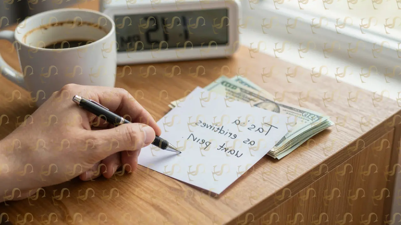 A handwritten note and folded cash on a nightstand beside a coffee cup, morning light filtering through a window.