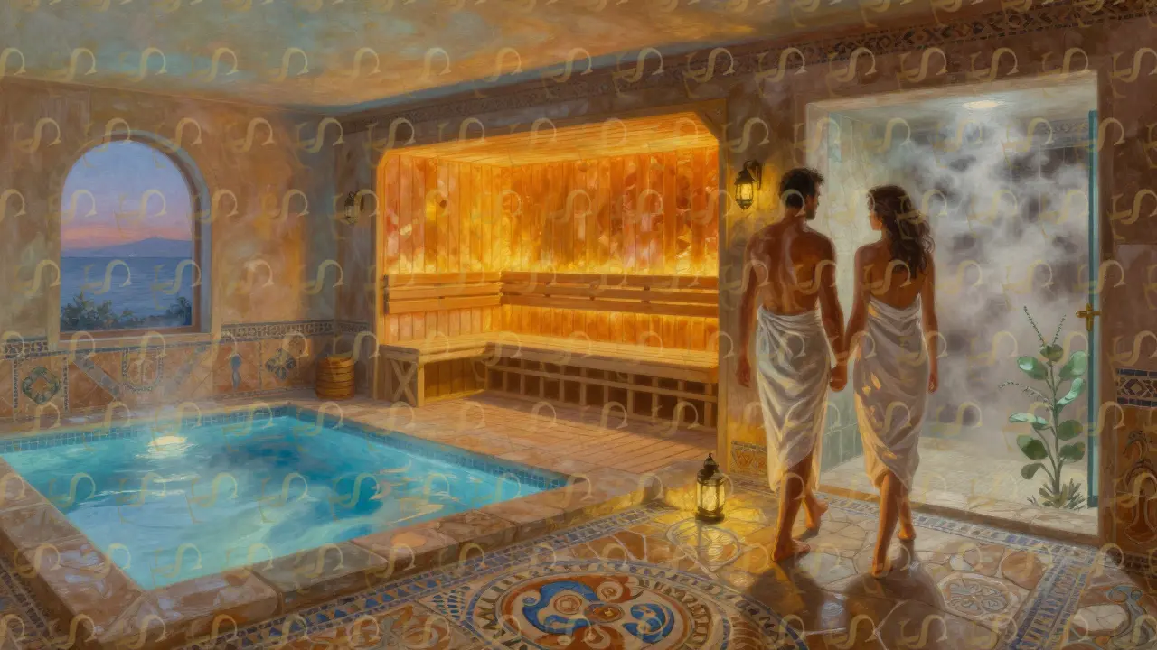 A thermal circuit with steam room, salt sauna, and cold plunge, illuminated by soft lantern light and mosaic tiles.