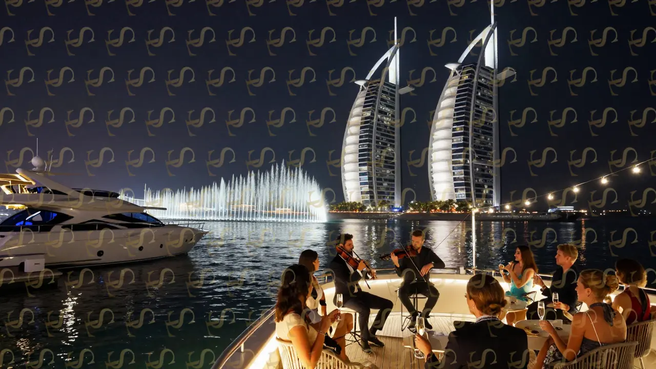 Yacht party near Dubai Fountain with live music and Burj Khalifa glowing in the night.