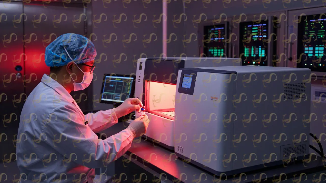 A high-tech lab processes coded samples using advanced molecular testing equipment under low lighting.