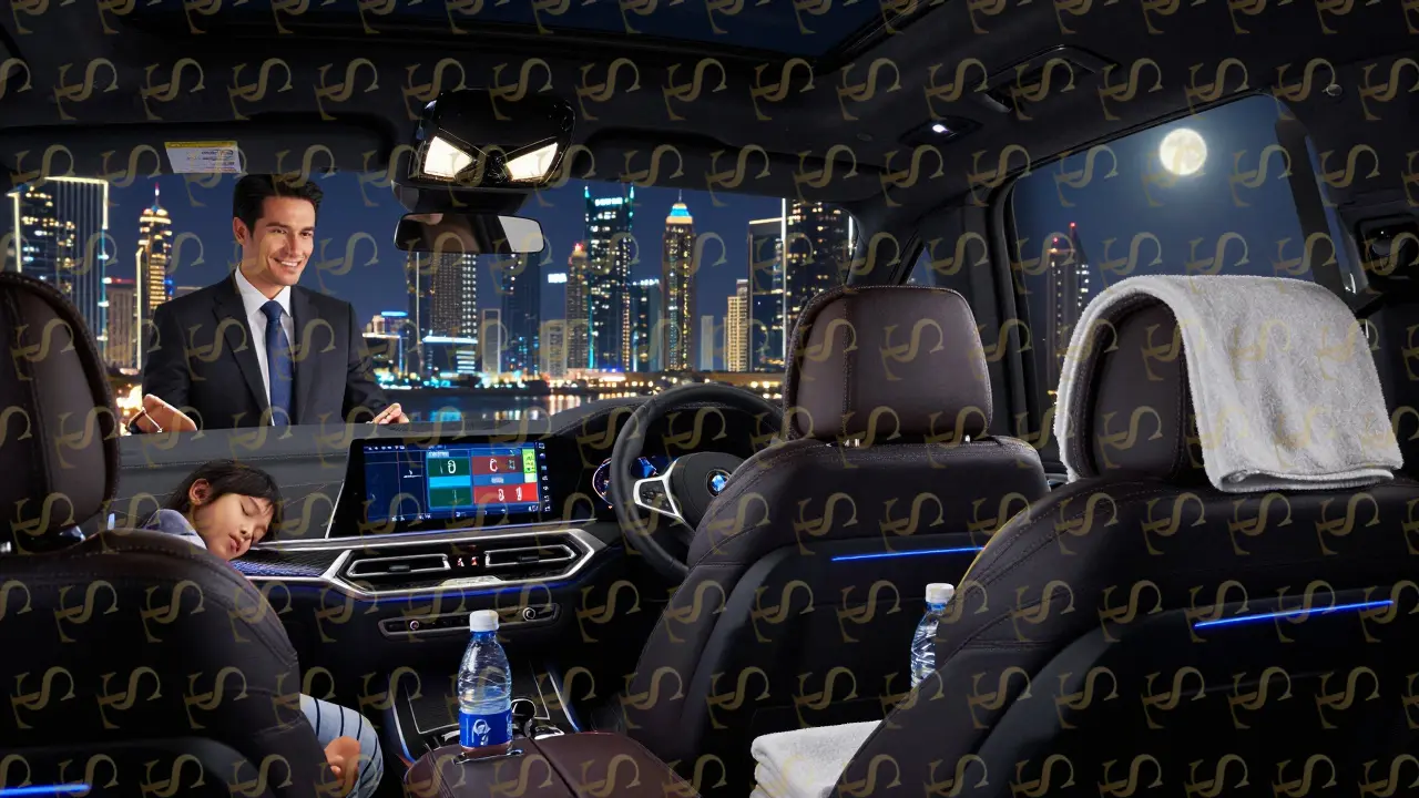 Luxury SUV interior with chilled towels and flight tracking tablet, conveying comfort and seamless airport transfer.