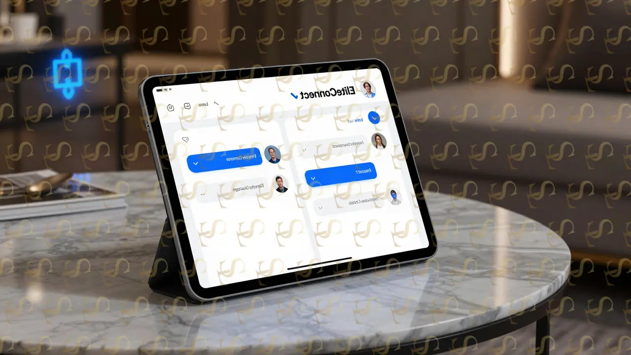 A secure app interface on a tablet showing verified profiles and AI matching metrics in a high-end setting.