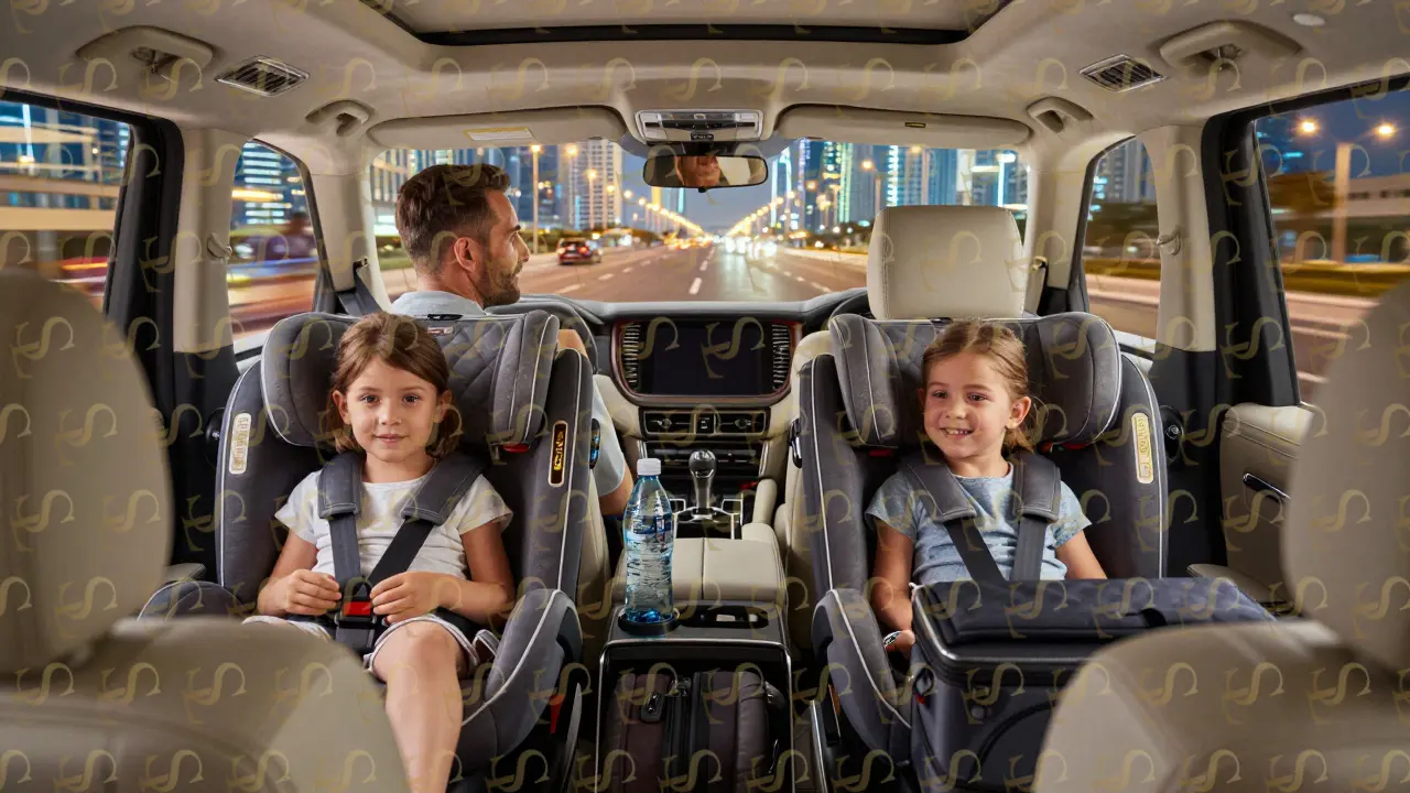 A family relaxes in a clean, luxury SUV with child seats and bottled water during a Dubai transfer.
