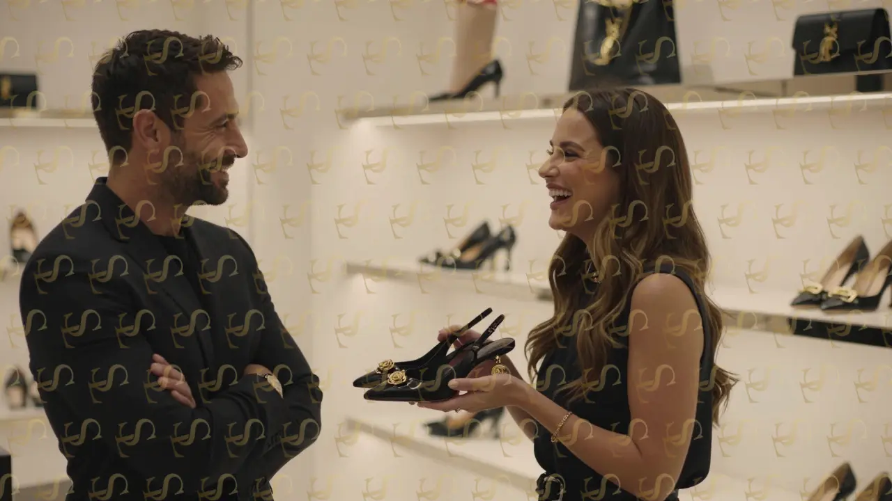 A couple sharing a tender moment as she opens a gift of Prada slingbacks with detachable heel charms.