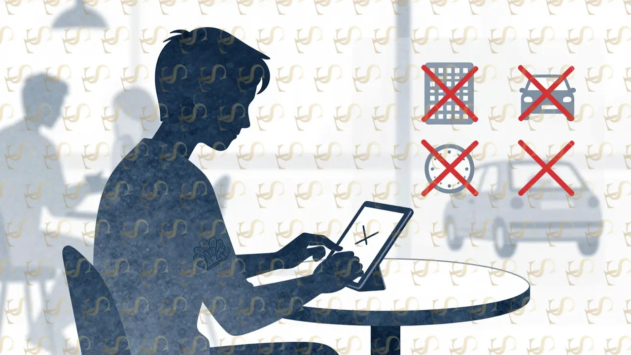 A person typing at a café with transparent red Xs over common doxxing elements like cars, buildings, and tattoos.