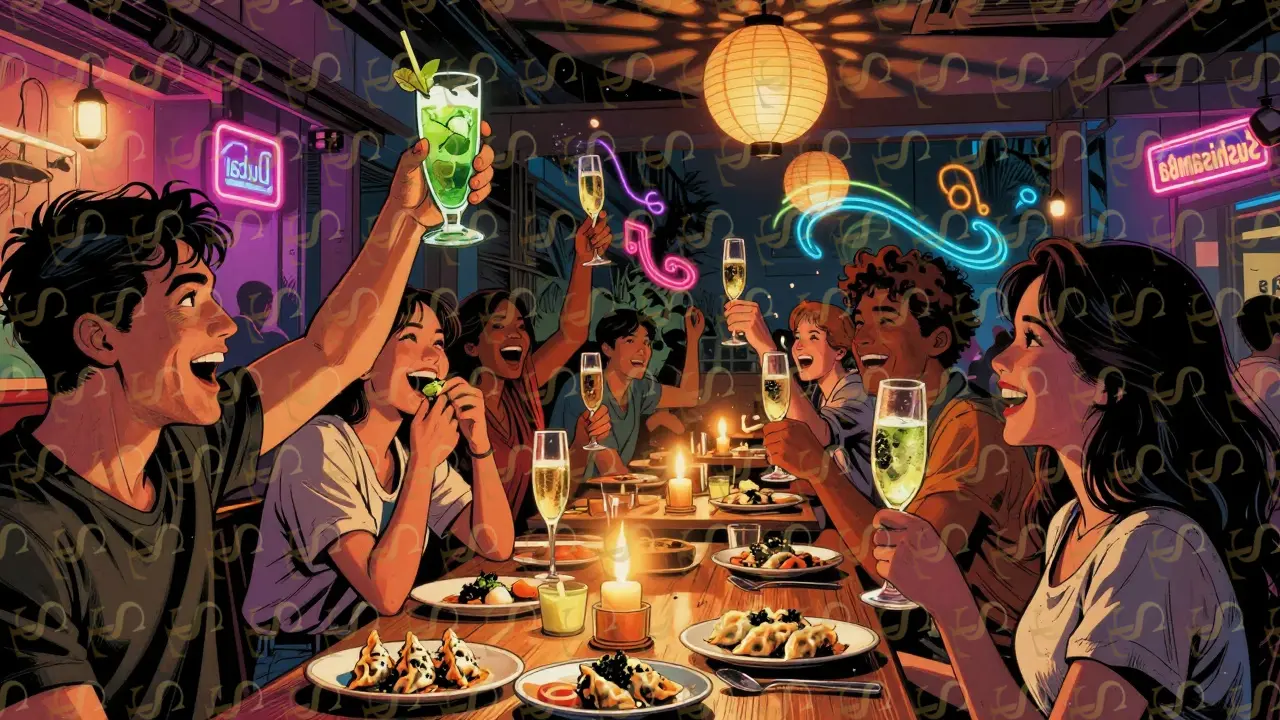 A group celebrates at Sushisamba Dubai with champagne towers and glowing cocktails under pulsing neon lights.