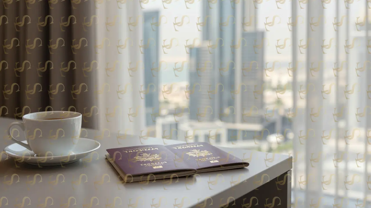Two passports on a hotel nightstand in Dubai with city view, no personal items indicating relationship status.