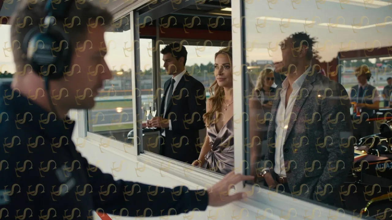 A Formula 1 driver walks past the Paddock Club glass, glancing toward a well-dressed couple inside.