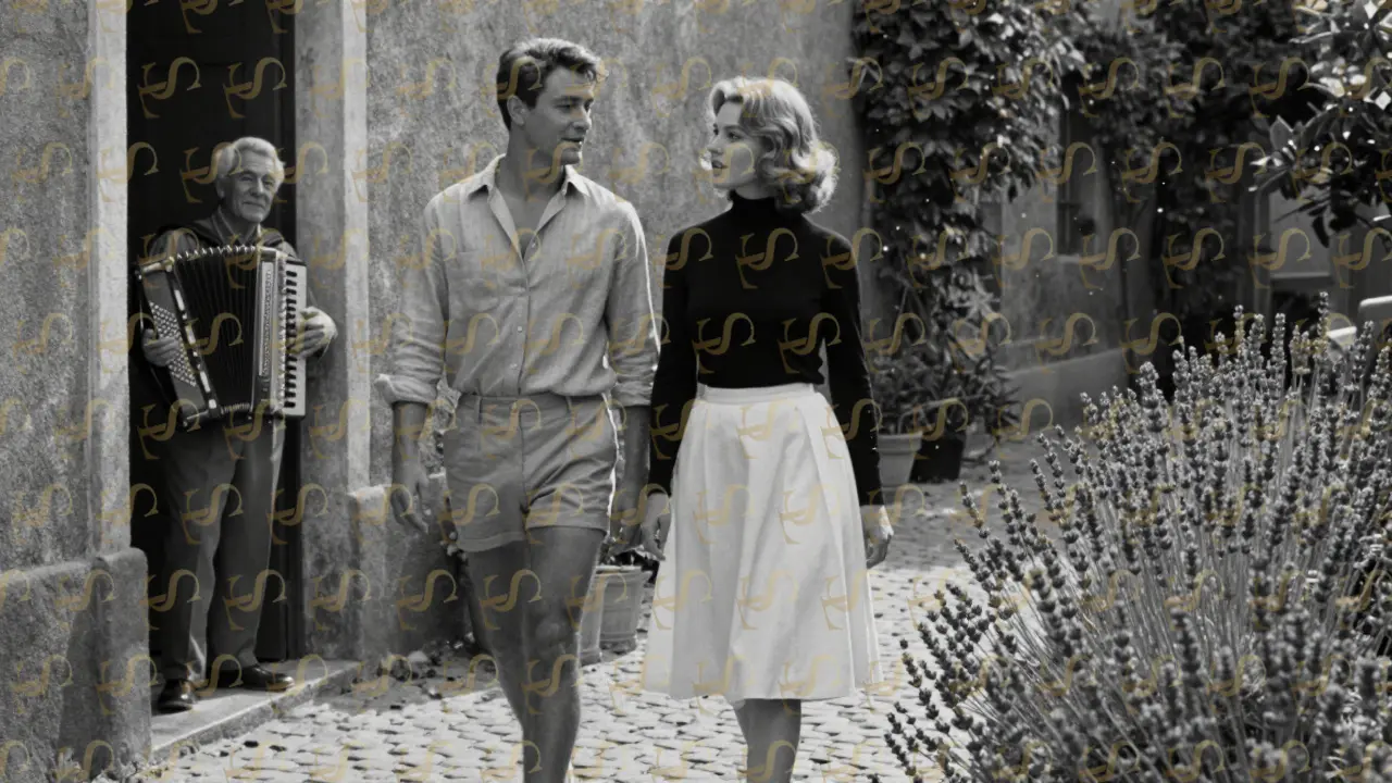 A man and woman walk side by side down a lavender-lined alley, no words, no gaze, quiet dignity in their movement.