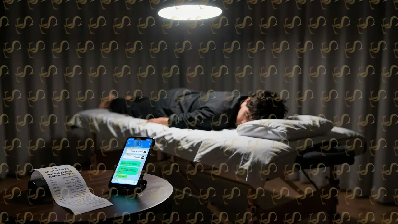 An unlicensed massage setting in a Dubai apartment with suspicious phone messages and poor lighting, suggesting illegal activity.
