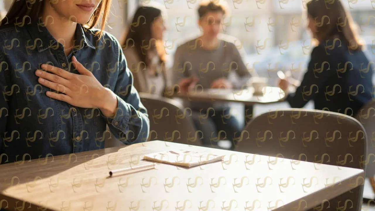 Someone sitting alone at a café, hand over heart, sunlight streaming in as an empty chair sits across.