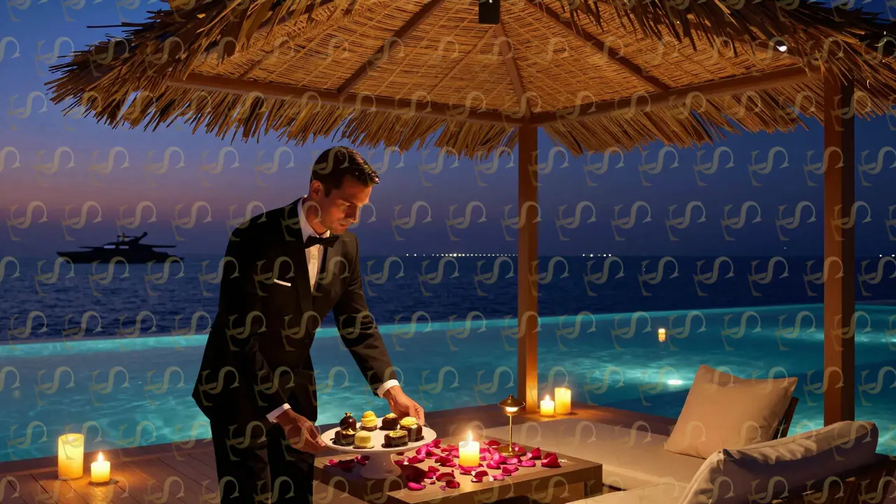 A Bvlgari cabana at night with rose petals, lanterns, and a butler delivering dessert under ambient lighting.