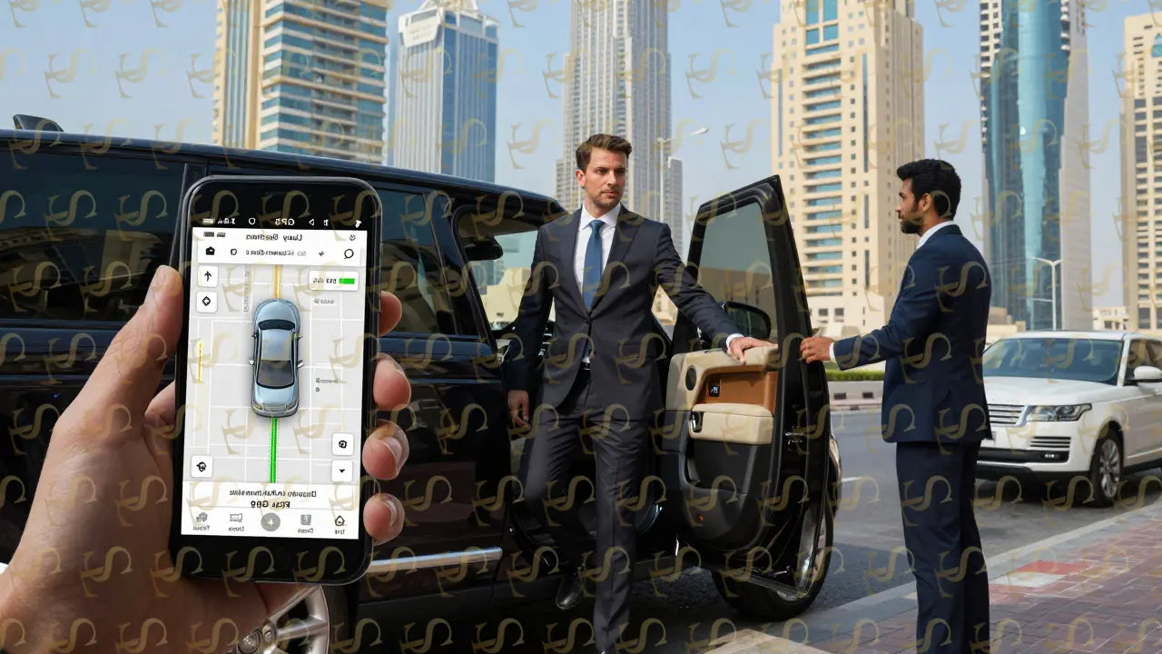 A business executive is assisted by a chauffeur at a Dubai high-rise, with a live GPS tracking screen visible.
