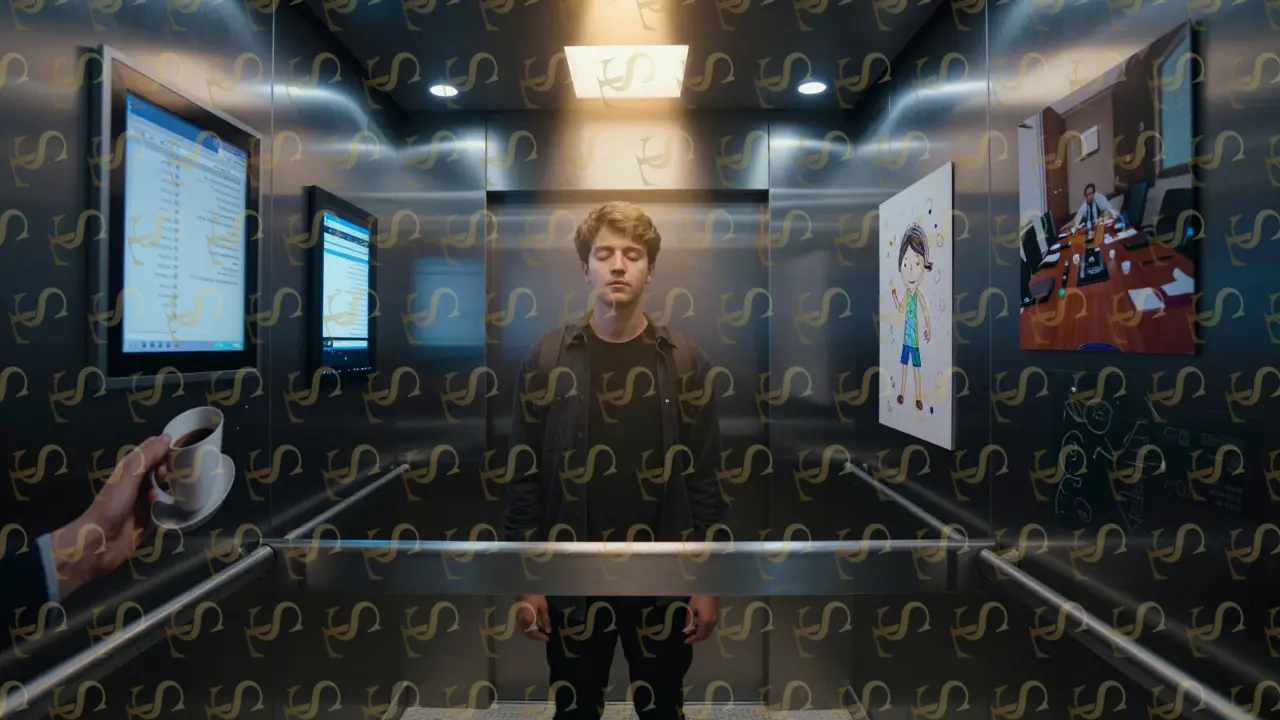 A man in a Dubai skyscraper elevator reflects fragmented pressures of leadership, finding peace in stillness.