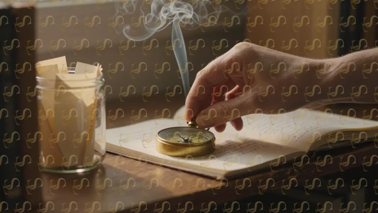A brass compass and handwritten note placed on a bookshelf beside a jar of paper slips, in warm, soft-focused lighting.