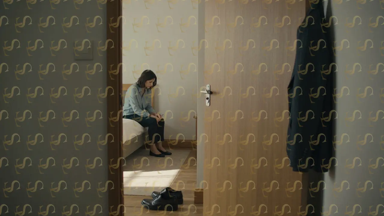 A doorway in a hotel room with a jacket on the knob, a woman sitting on the bed, sunlit floor marking departure.
