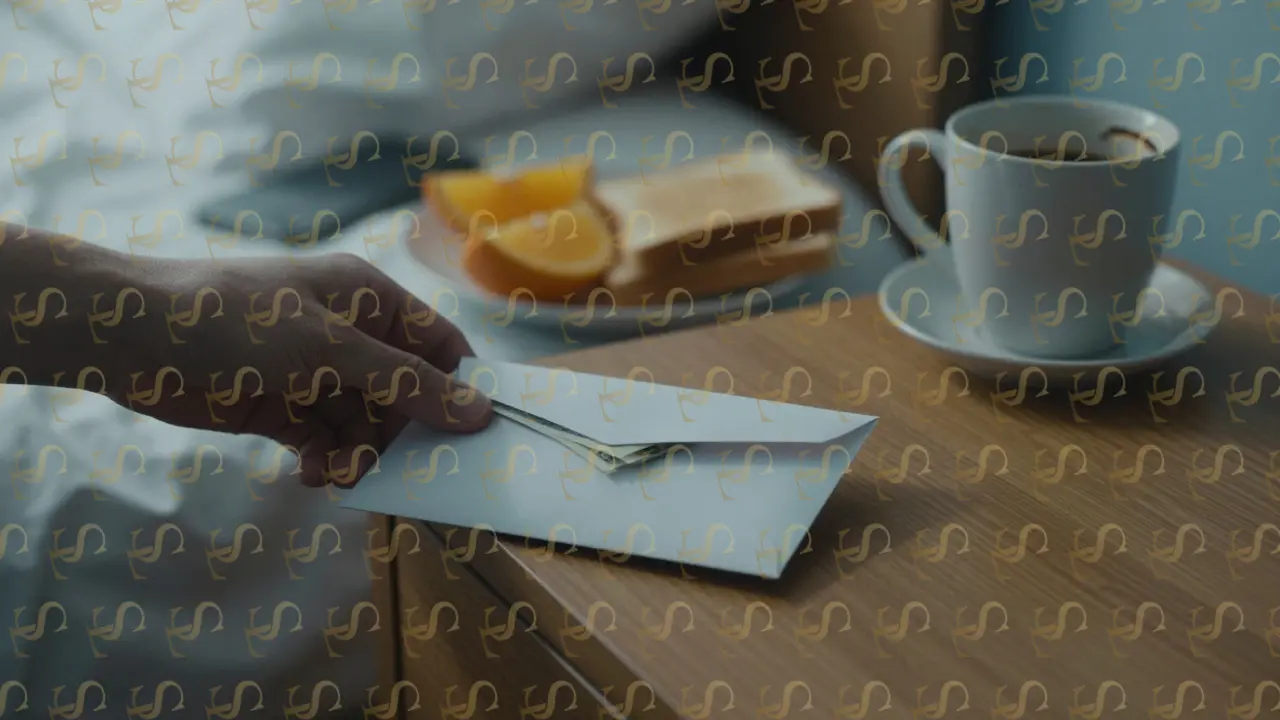 A hand placing cash on a nightstand beside a coffee cup and toast, morning light illuminating the scene.
