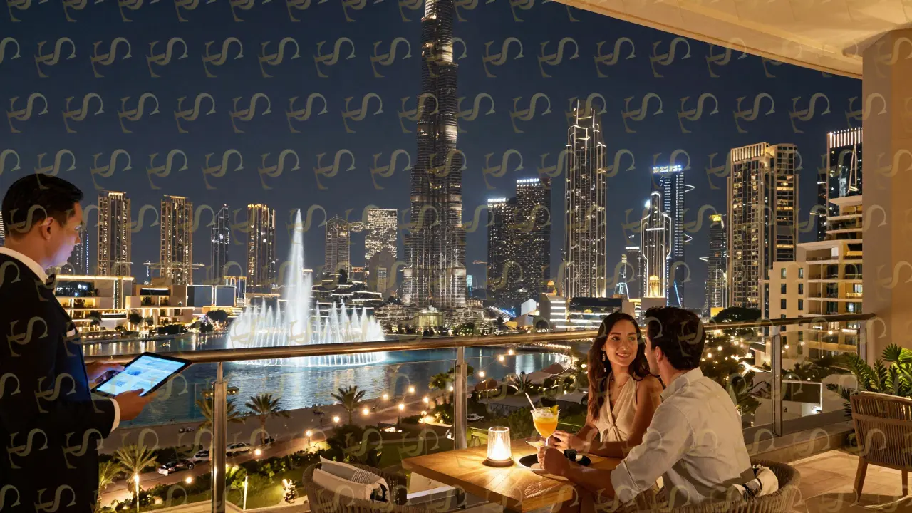 A couple enjoying the night skyline and fountain show from a private villa balcony in Palm Jumeirah.