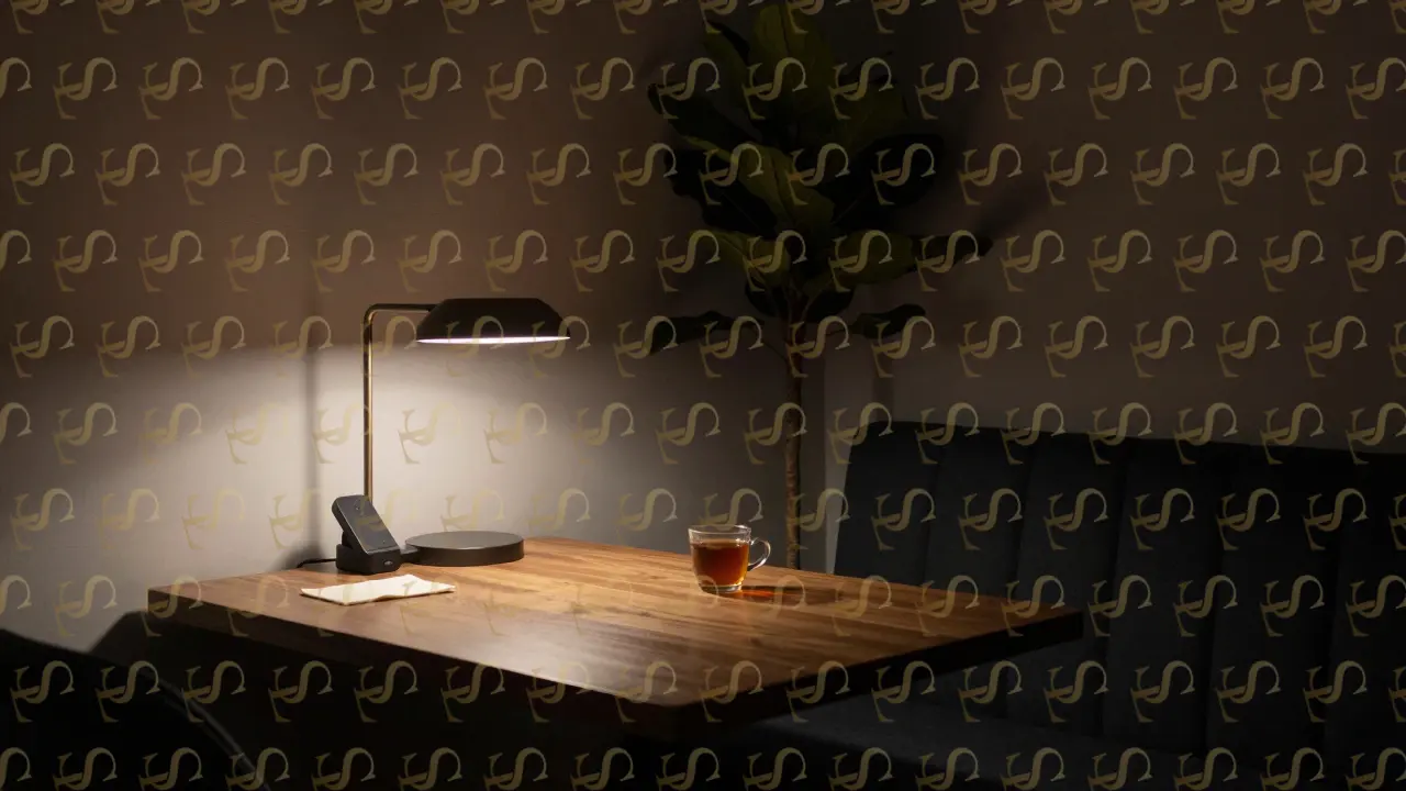 A hidden booth behind a potted plant, a single cup of tea untouched under a dim lamp, silent and secluded.