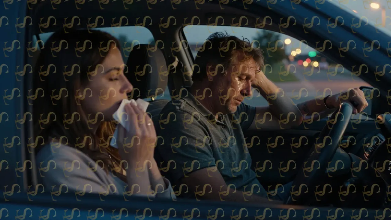 A wealthy man in a car at dawn, crying silently as a compassionate companion sits beside him.