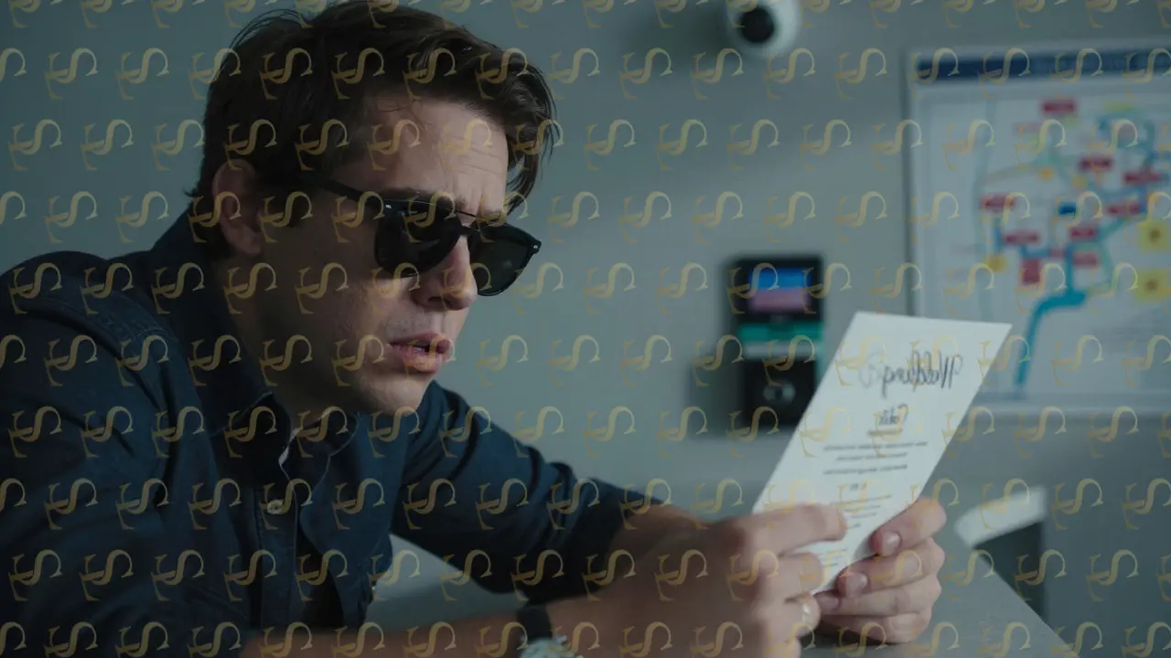 Suspicious person in sunglasses glancing at security camera at hotel front desk.