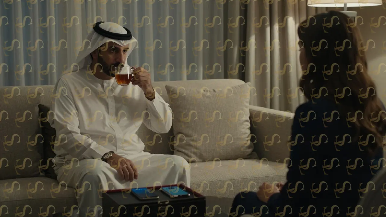 A politician and companion sitting silently in a hotel suite, phones secured, no physical contact.