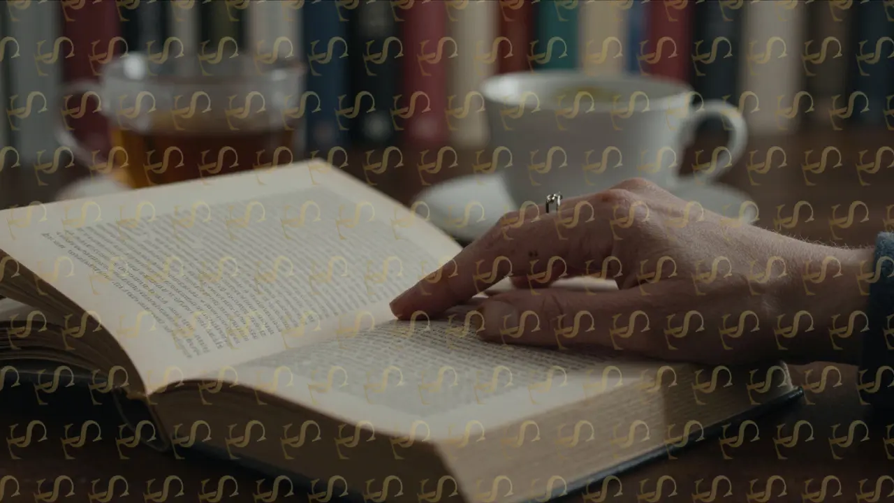 Close-up of a woman's hands resting on an open philosophical book, coffee-stained and worn, with blurred bookshelves behind.