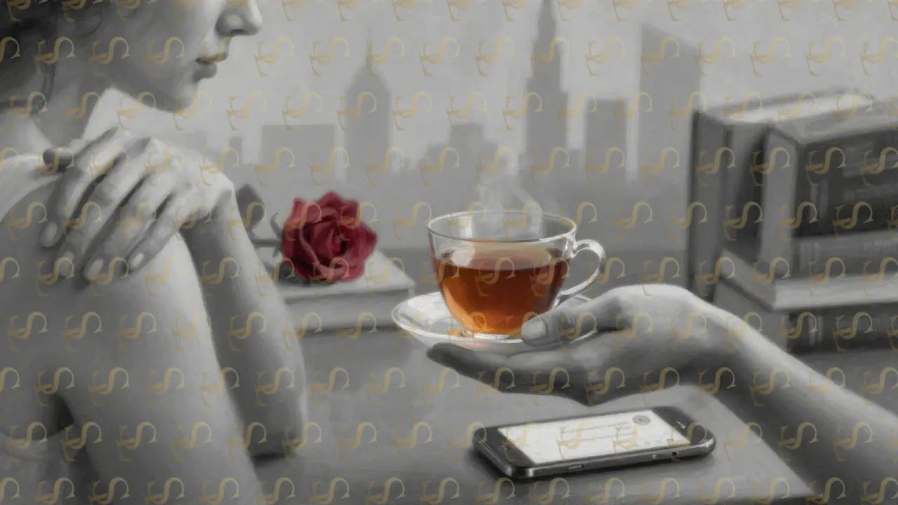 Three hands symbolizing emotional connection: offering tea, holding it, and resting on a shoulder.