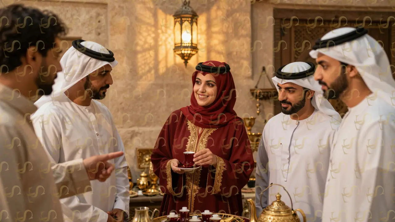 A cultural liaison in traditional attire serves tea to international clients in a lantern-lit Dubai souk, guiding them through artisan stalls.
