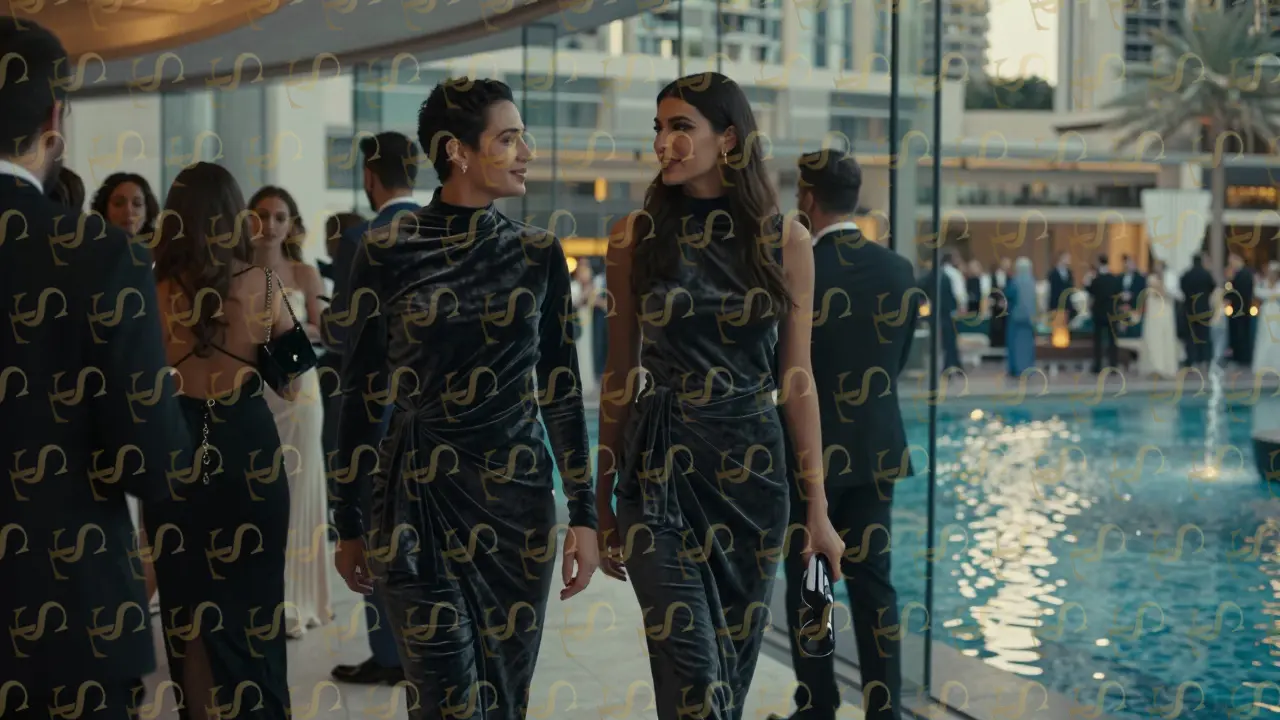 A tall woman and her companion move in harmony through a luxurious Dubai gala, engaging naturally in conversation.