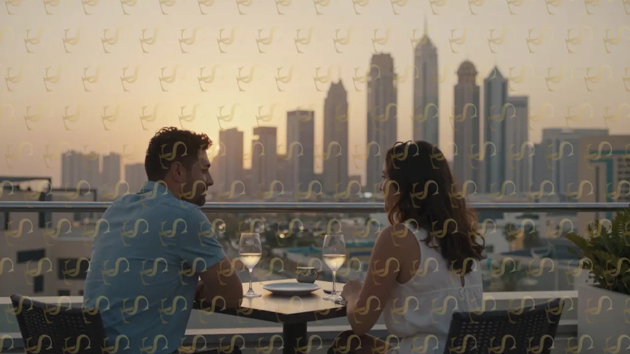 A couple enjoying a quiet sunset dinner on a Dubai rooftop, no gifts, only the atmosphere of a meaningful shared moment.
