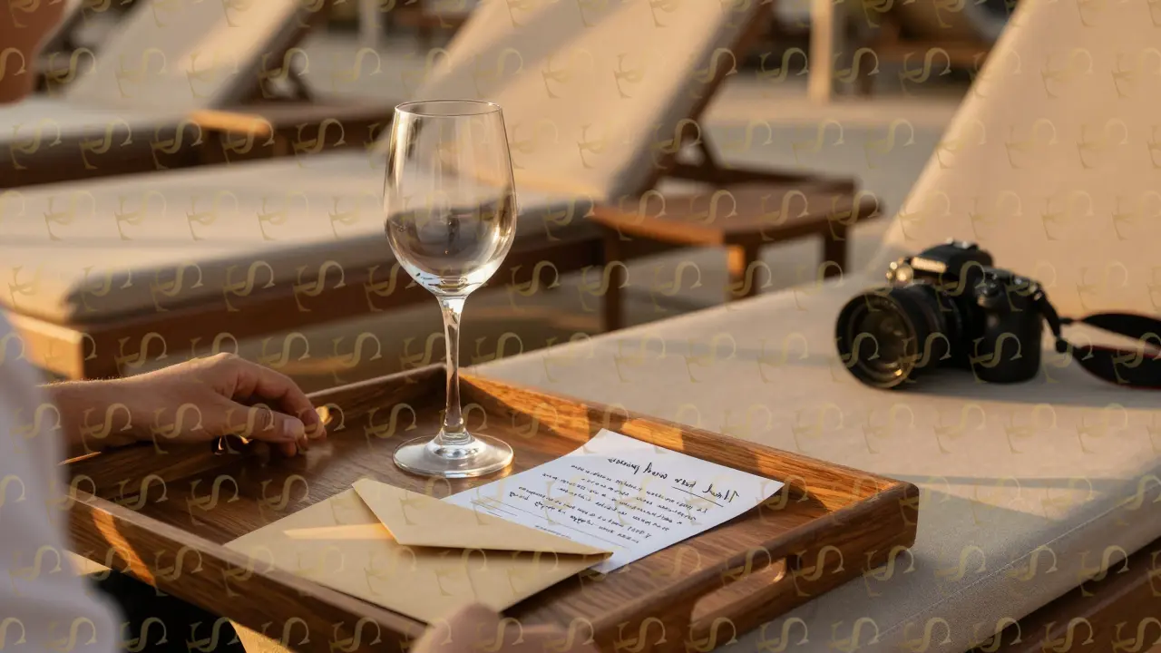 A handwritten note and sealed bill envelope rest on a wooden tray at Nammos Dubai, symbolizing discreet luxury.