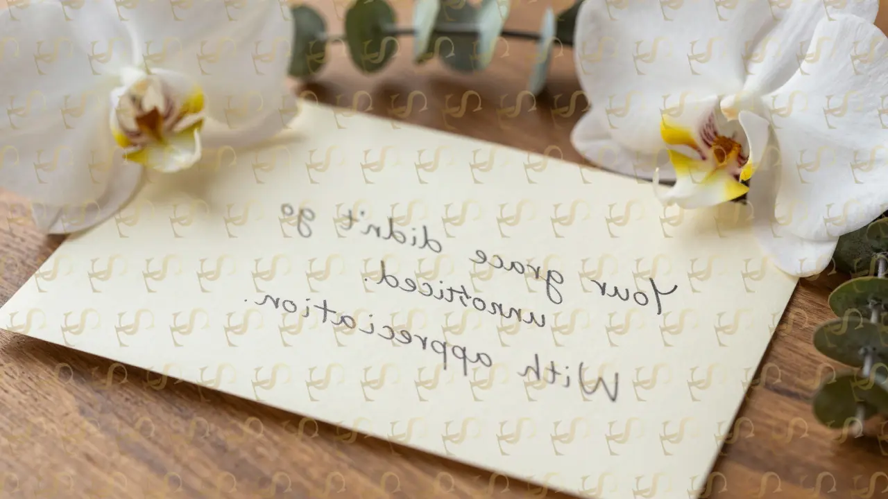 A handwritten thank-you note beside a white orchid and eucalyptus sprig on wooden surface, soft lighting.