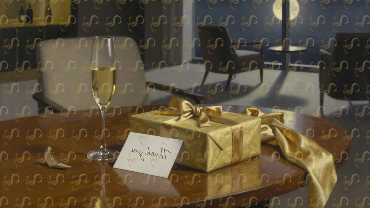 A wrapped gift box and handwritten note sit beside champagne on a mahogany table in a high-end lounge after hours.