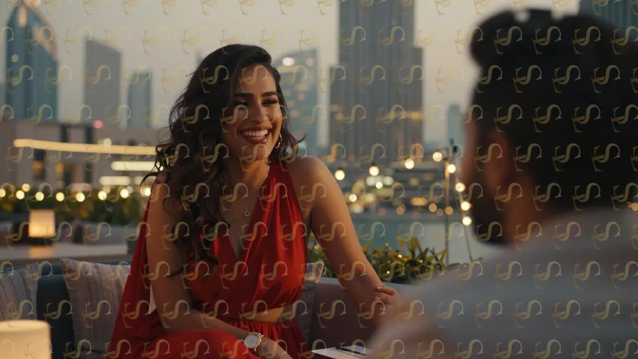 A South American escort laughing warmly on a Dubai rooftop lounge with city lights in the background.