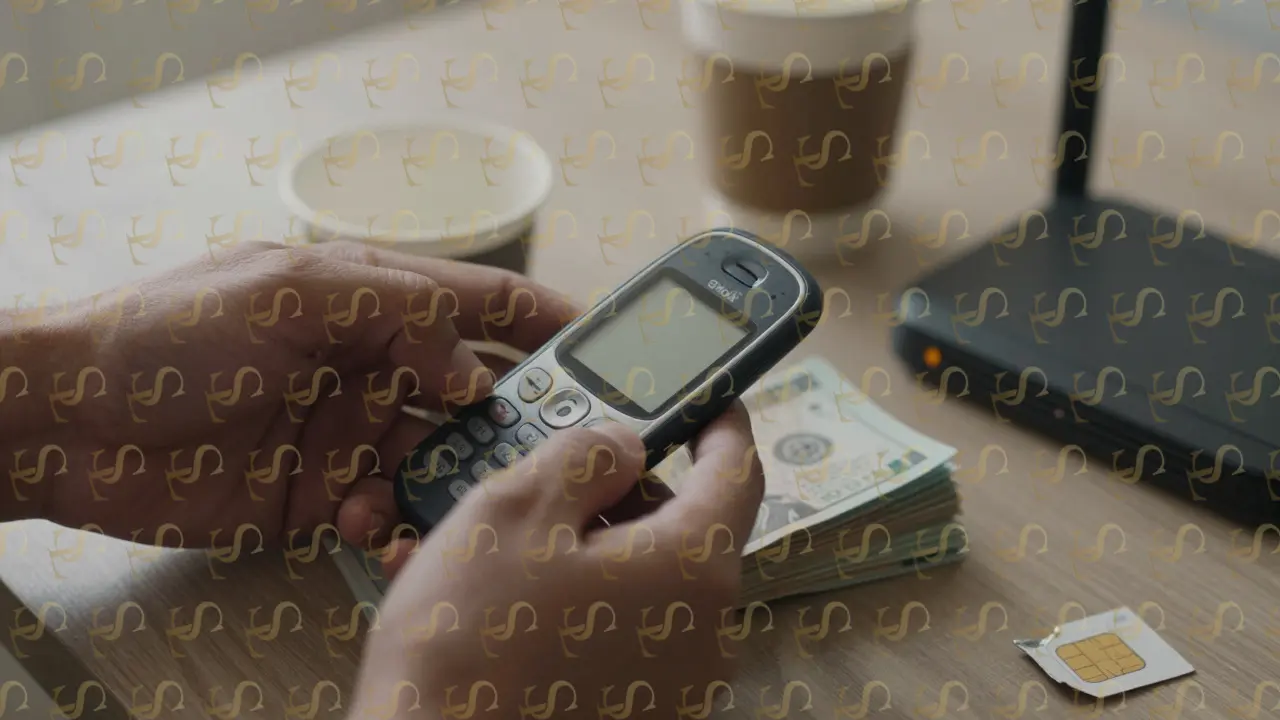 Hands holding a basic phone with cash and a router nearby, torn SIM card on the surface, no text or logos visible.