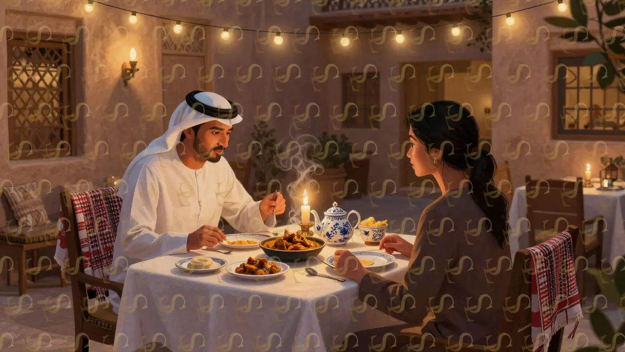 A private dinner in an Al Fahidi courtyard features Emirati and Chinese guests sharing a meal under soft lights, with scarves and teaware hinting at deep cultural respect.