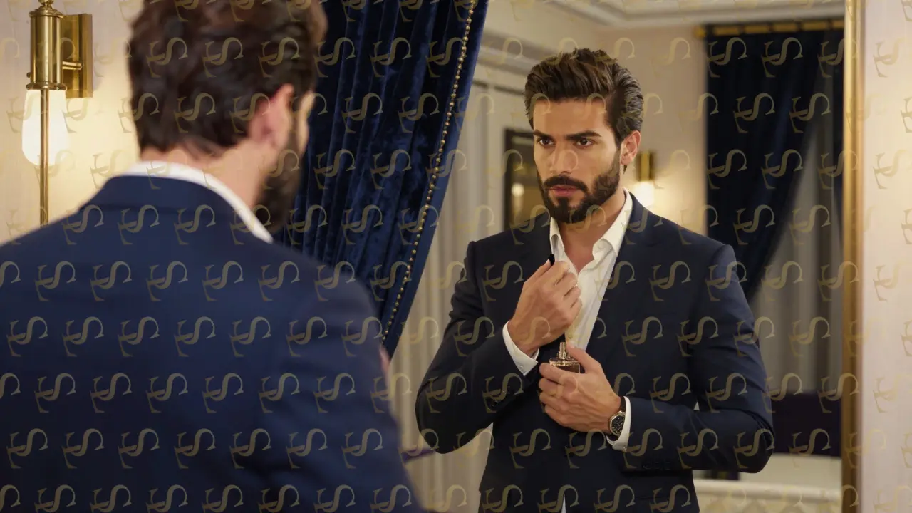 A man in a tailored suit checks his reflection, showing flawless skin and subtle grooming in a high-end Dubai room.